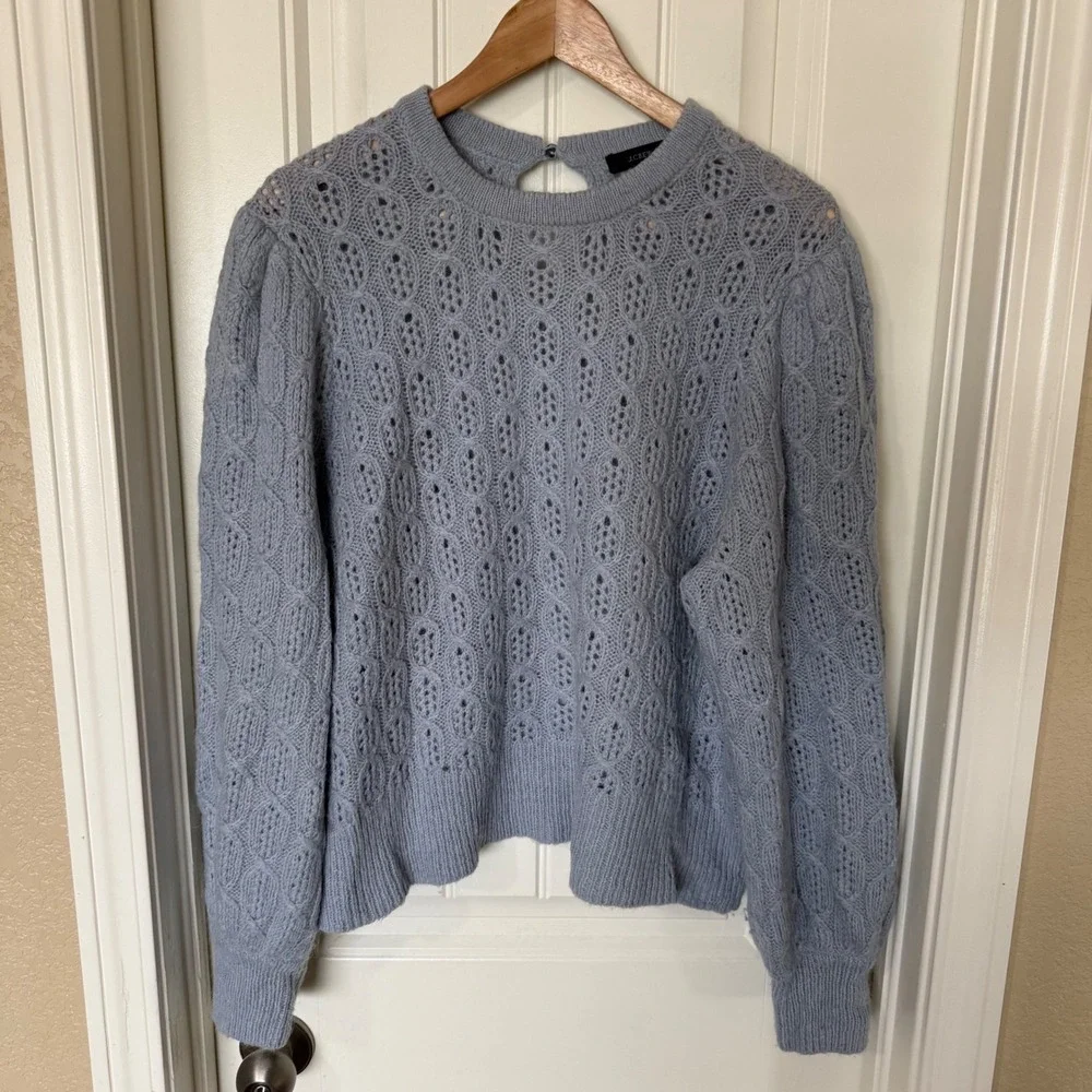 J.Crew Pointelle Puff‎ Sleeve Sweater Womens XXL Blue Euc Alpaca Wool Blend